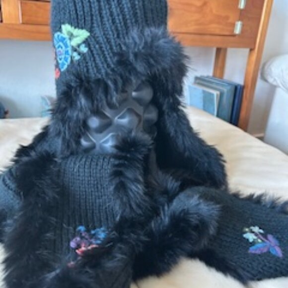 Betsey Johnson Accessories - Betsey Johnson Black knit embroidered Hat/Scarf